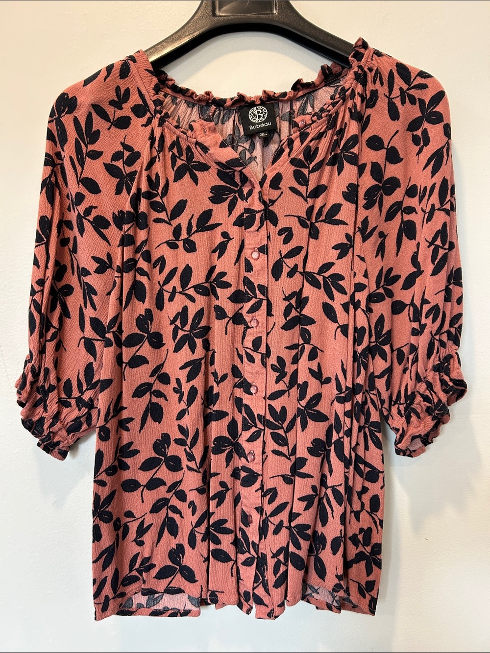 bobeau Dusty Rose Blouse with Black Leaf Print